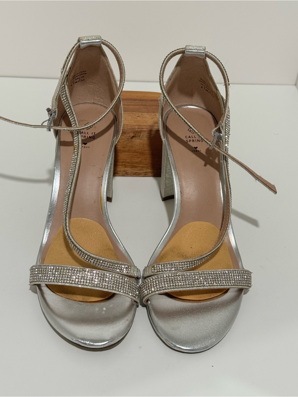 Call It Spring Silver Rhinestone Block Heel Sandals with Ankle Straps